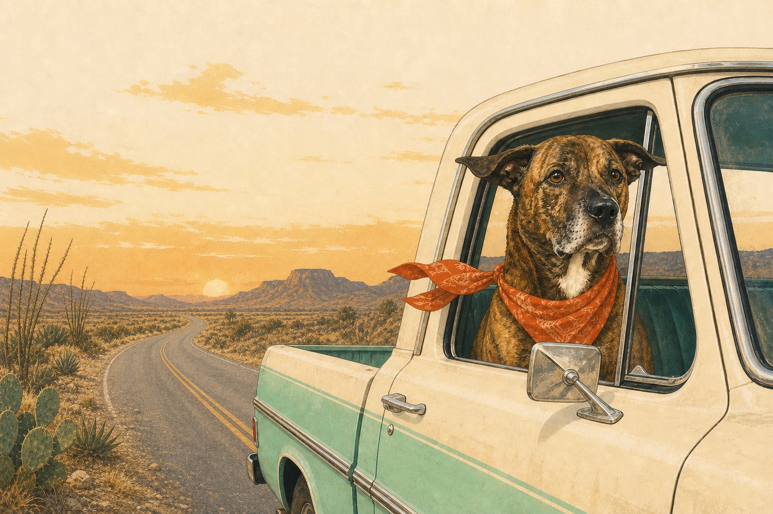 Alley Hound riding in the passenger seat along a Trans-Pecos Texas road