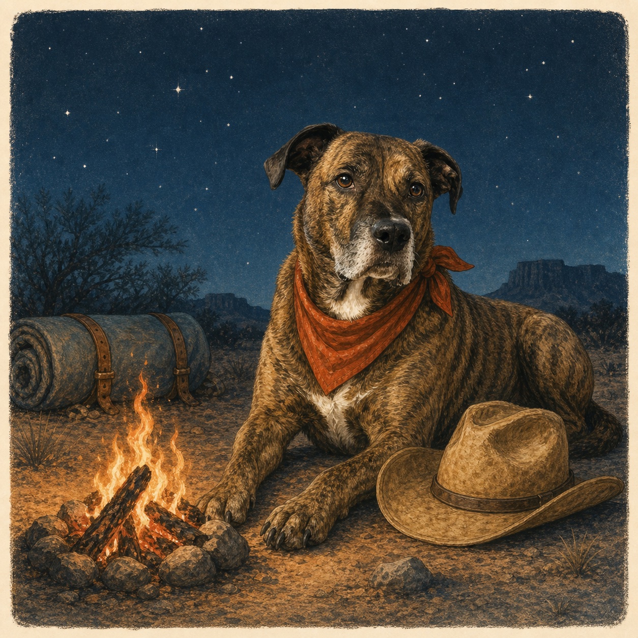 Alley Hound resting beside a campfire under a Texas night sky