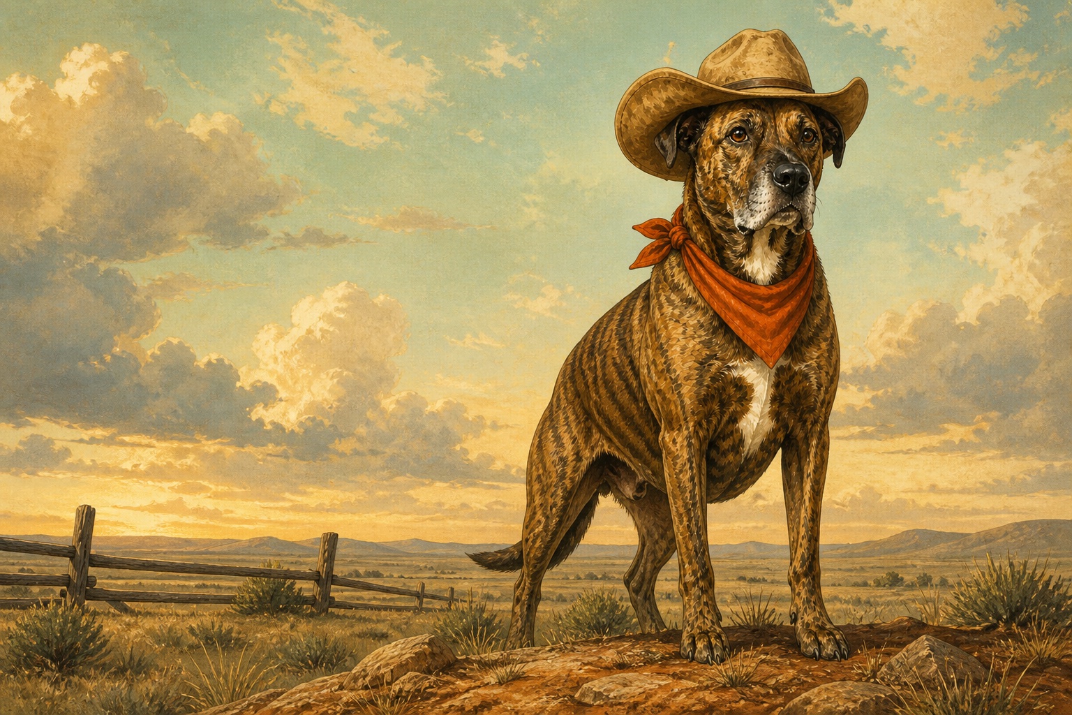 Alley Hound wearing a cowboy hat on a Texas ranch at sunset